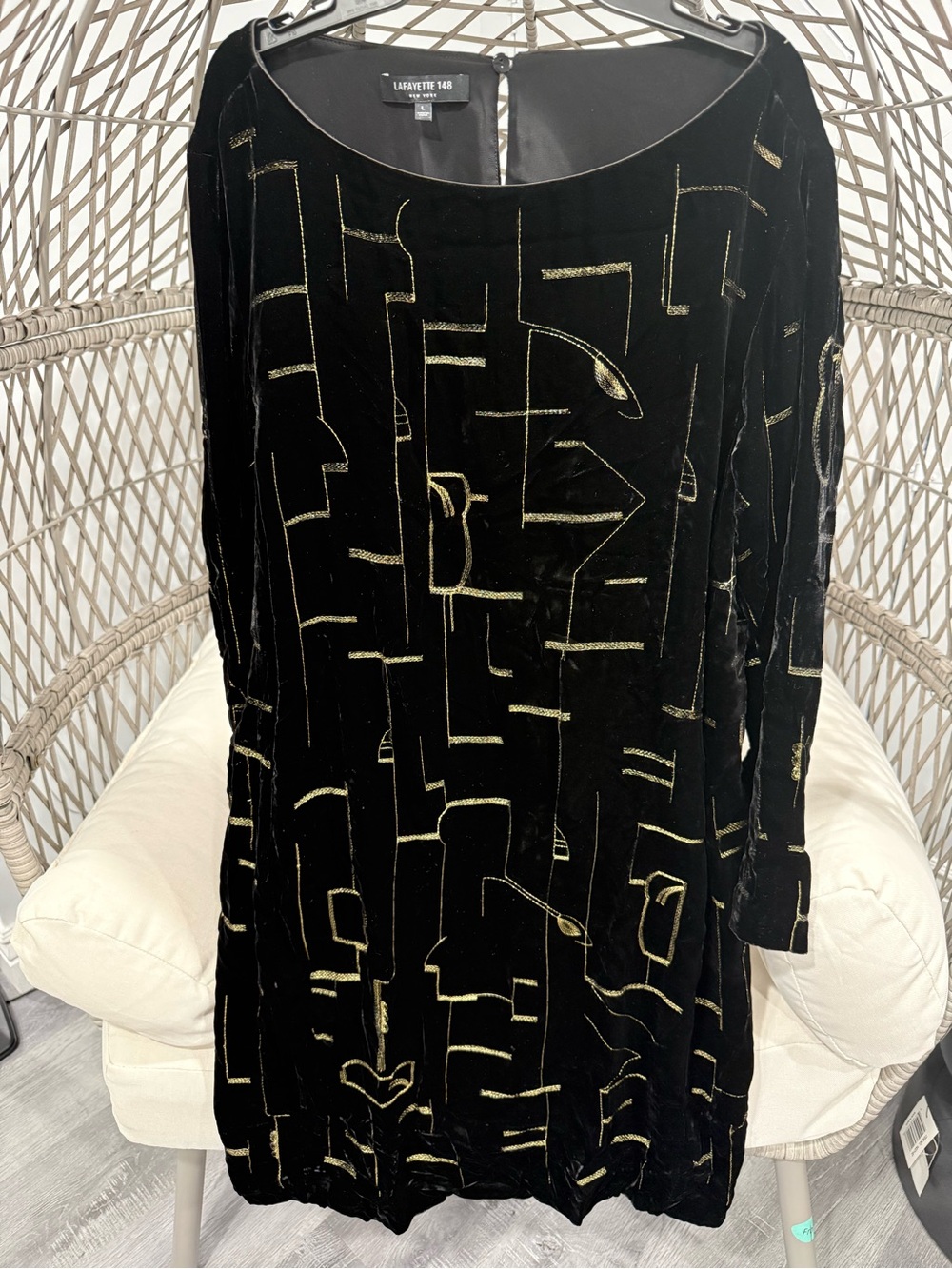 Lafayette 148 New York Black Velvet Dress with Gold Geometric Trim